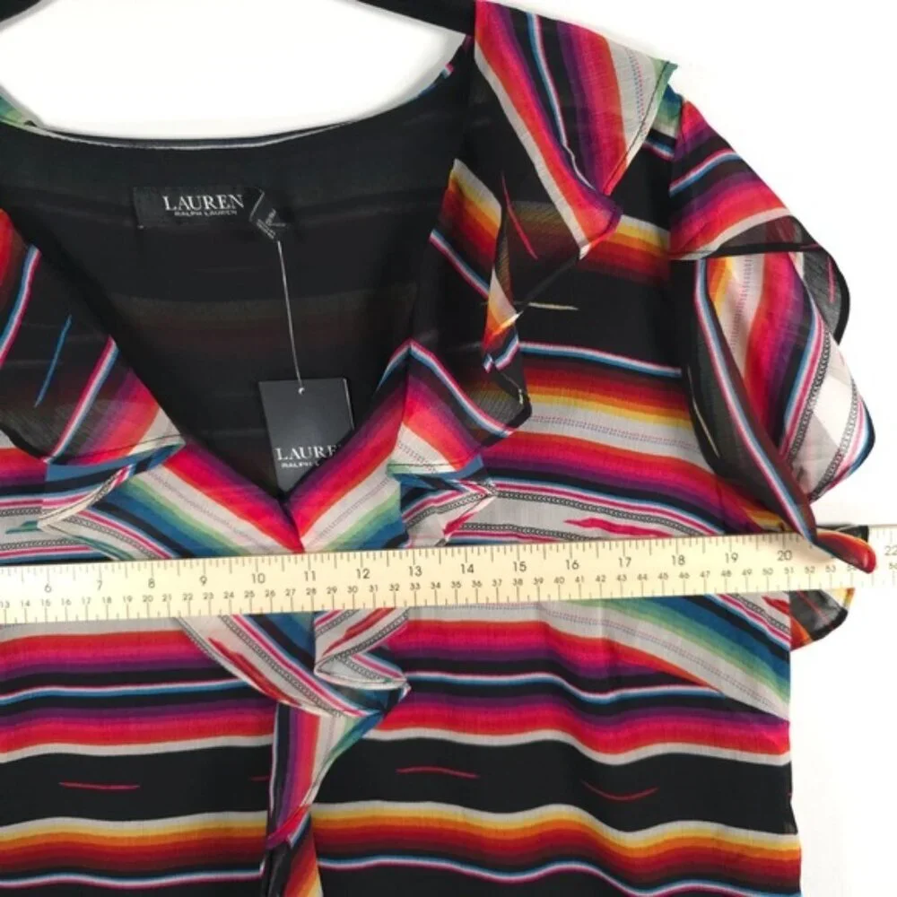 NWT LAUREN RALPH LAUREN BLACK LABEL Ruffled Neck Top Striped Flutter Sleeve Sz L